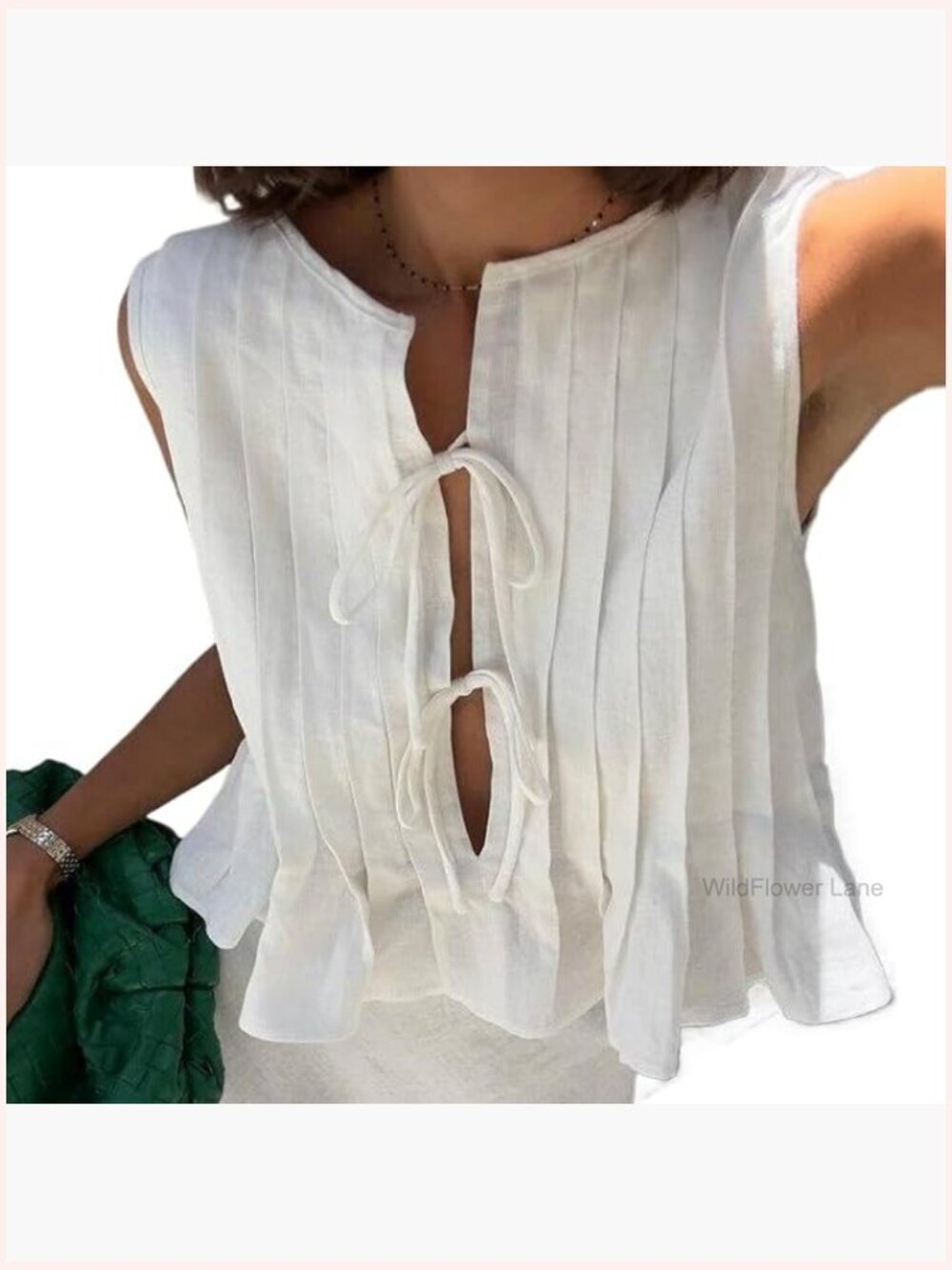Linen Bow Tie Front Tank Top Women Pleated Peplum Blouse Y2K Babydoll Ruffle